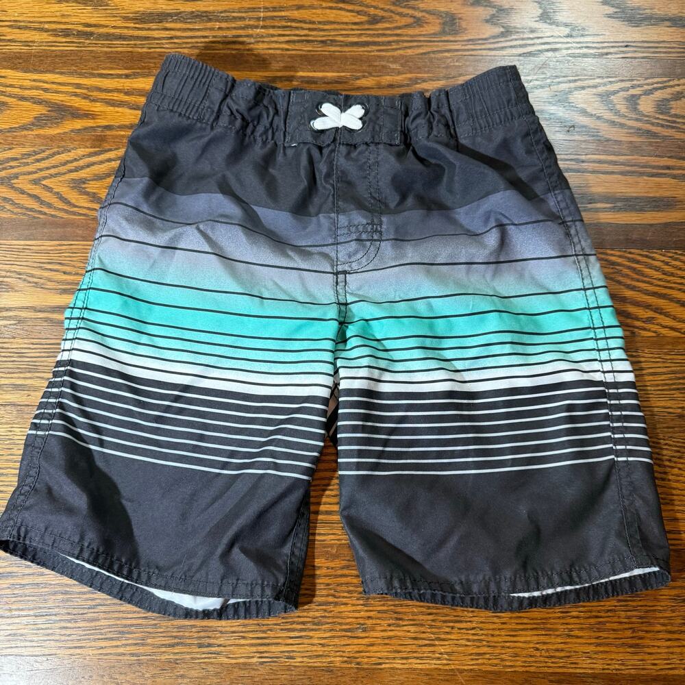 Old Navy Boys Striped Swimsuit Black Gray Teal Drawstring Waist Size 8